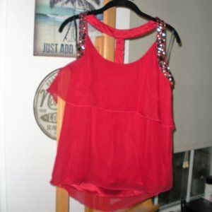 BEBE Chiffon over satin lining grommet and stud accent top